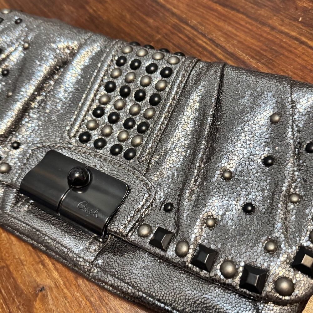 COACH Kristin Studded Clutch Black Silver Leather NWOT Punk Rock Chic - Picture 3 of 13